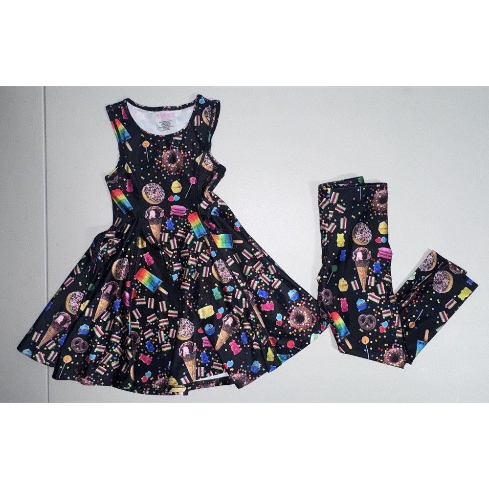 Terez Girl 5 Skater Dress Leggings Black Candy Spill Pattern Party Casual School
